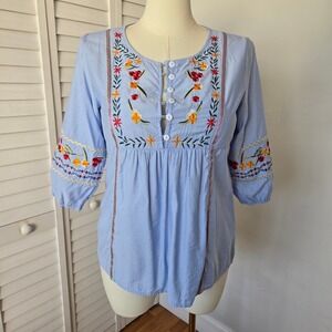 Blue Floral Embroidered Peasant Blouse Top Sz M Boho Cottage Breathable Feminine